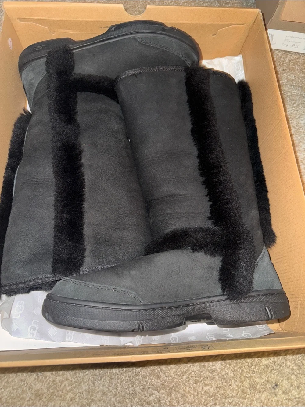 UGG Black Faux Suede Winter Boots with Shearling Trim